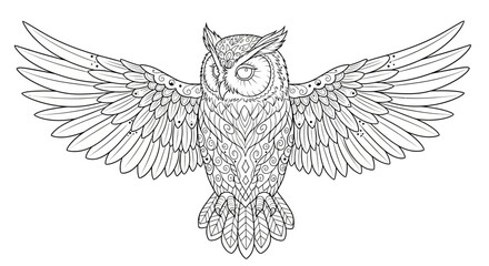 Detailed owl illustration featuring intricate line work and open wings for coloring books