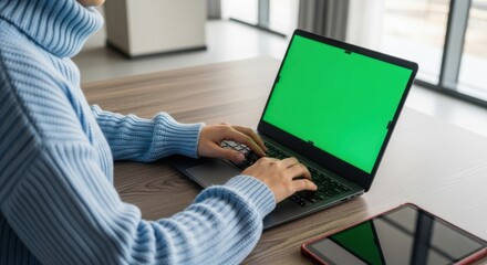 Person wearing a blue sweater typing on a laptop with a green screen, with a tablet nearby
