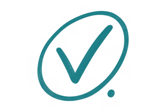 Hand drawn teal check mark symbol in oval shape with dot, indicating approval, success, and completion on transparent background