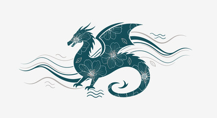 Stylized dragon illustration with decorative floral elements and flowing lines
