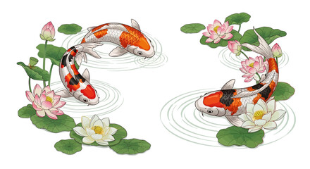 Elegant koi fish and lotus flowers watercolor illustration creates a serene zen garden experience