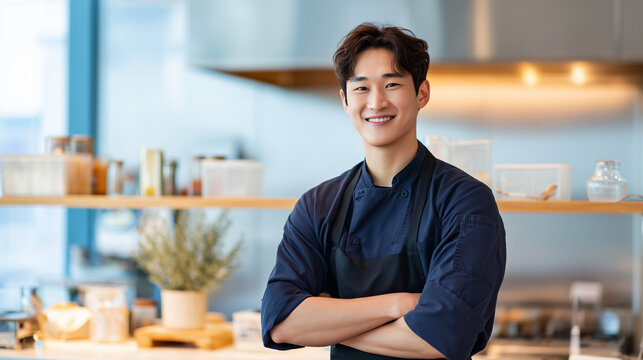 young chef in modern kitchen, smiling cook with arms crossed, professional culinary uniform, confident restaurant staff, bright cooking space, hospitality industry portrait - Powered by Adobe