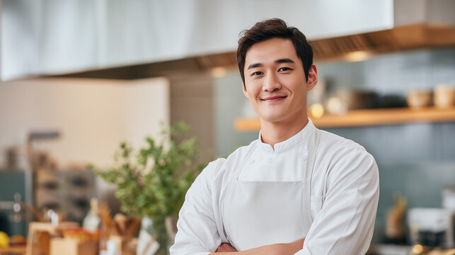young chef in modern kitchen, smiling cook with arms crossed, professional culinary uniform, confident restaurant staff, bright cooking space, hospitality industry portrait
