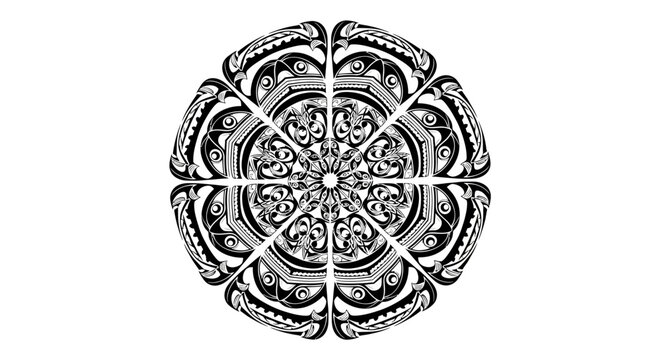 Intricate monochromatic circular design reminiscent of a complex tribal tattoo pattern