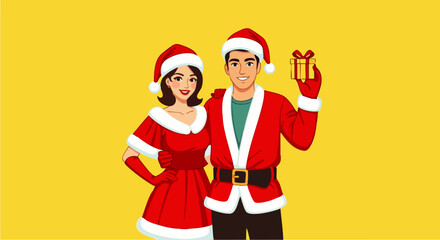 Flat vector illustration of a happy couple wearing party dresses and Santa hats posing cheerfully on a bright background, ideal for Christmas marketing, holiday invitations, or seasonal promotions