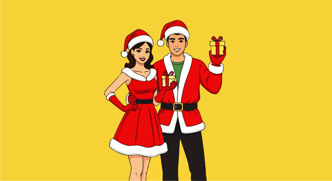 Flat vector illustration of a happy couple wearing party dresses and Santa hats posing cheerfully on a bright background, ideal for Christmas marketing, holiday invitations, or seasonal promotions