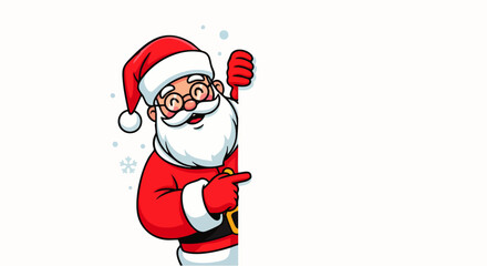 Flat vector illustration of smiling Santa Claus pointing on blank advertising banner background with copy space, suitable for Christmas greeting cards, flyer design, brochure, end of year content
