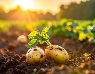 Potatoes sprouting in sunlit field