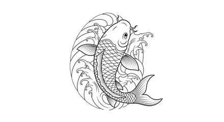 Elegant koi fish illustration swimming among stylized water waves artistic depiction