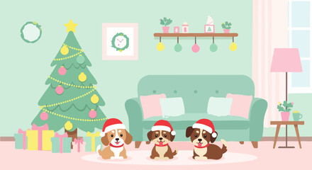 Fototapeta premium Flat vector illustration of adorable pet in Santa hat sitting next to Christmas tree with wrapped presents, cheerful holiday pet theme