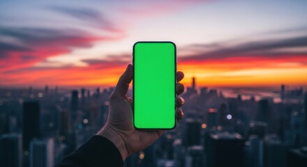 Hand holding a smartphone with a green screen in front of a city skyline at sunset