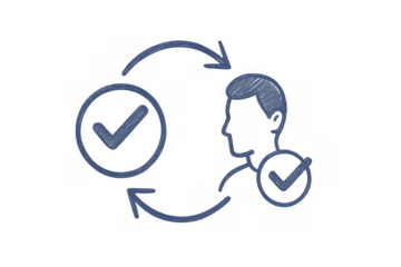 User profile icon with two check marks and circular arrows portraying a verification or approval process, drawn in a dark blue scribble style