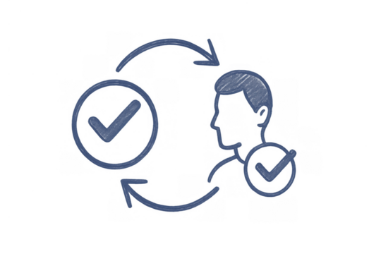 User profile icon with two check marks and circular arrows portraying a verification or approval process, drawn in a dark blue scribble style