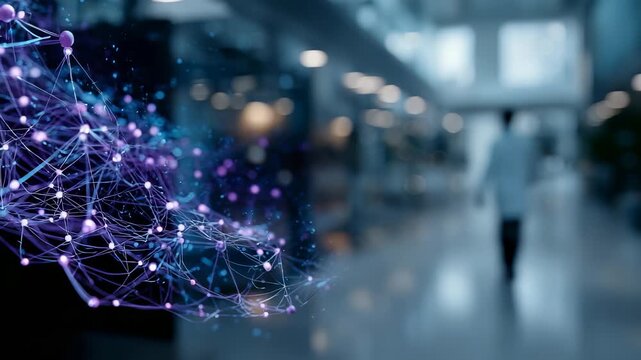 Futuristic digital network visualization with glowing connections overlays a blurred modern laboratory interior. A scientist in a white coat walks away, symbolizing innovation and technology