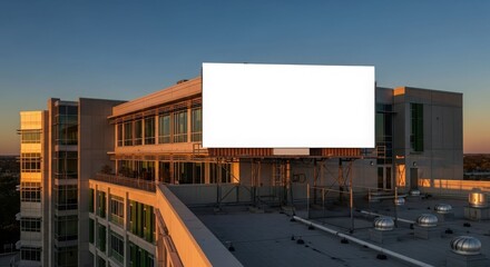 A rooftop view of a modern building with a blank billboard against a sunset sky.