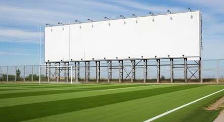 Fototapeta premium A large, blank billboard stands prominently over a green artificial turf field under a bright blue sky with scattered clouds.