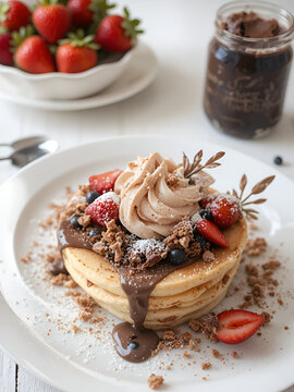 Deliciosas crepas con jarabe de chocolate y fresas, perfectas para un postre o desayuno.