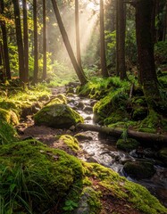 Fototapeta premium 森の中で光が差し込む小道、木漏れ日が揺れる自然景観、苔むした岩や小川が流れる 