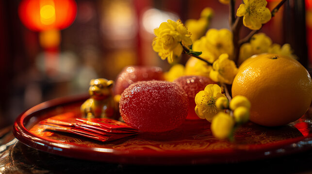 Celebrate Tết Nguyên Đán in Vietnam A Festive Display of Candied Fruits, Kumquats, and Lucky Red Envelopes on a Traditional Tray, Embracing the Rich Culture