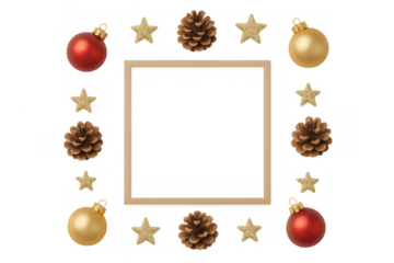Christmas frame with festive ornaments, pinecones, and golden stars decorating a blank square border