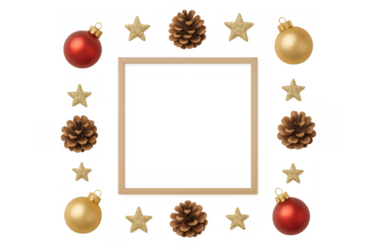 Christmas frame with festive ornaments, pinecones, and golden stars decorating a blank square border - Powered by Adobe