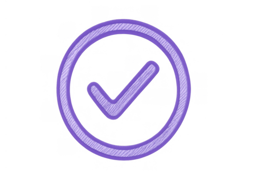 Hand drawn purple check mark icon in a circle, symbolizing approval, completion, success, and agreement on transparent background