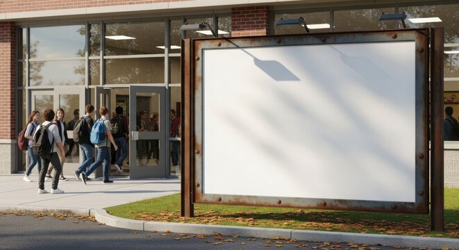 Students exit a brick school building with glass doors as a blank billboard stands in the foreground on a sunny day.
