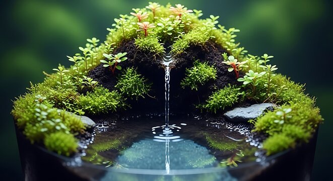 Miniature Waterfall Landscape - A Serene Oasis of Greenery and Flowing Water. - Powered by Adobe