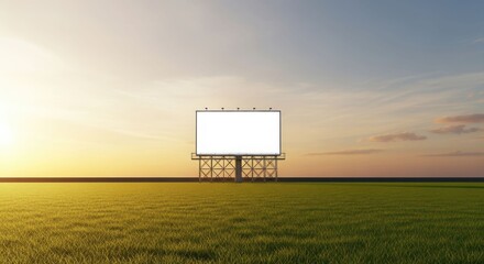 A large, blank billboard stands prominently in a vast, grassy field under a colorful sky.