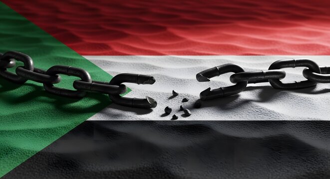 Sudan flag with broken chains symbolizes freedom and independence of nation representing liberation and hope for bright future after overcoming oppression and gaining sovereignty