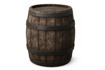 Wooden barrel, old cask or keg, holding liquid like wine or beer, historical storage container, blank background