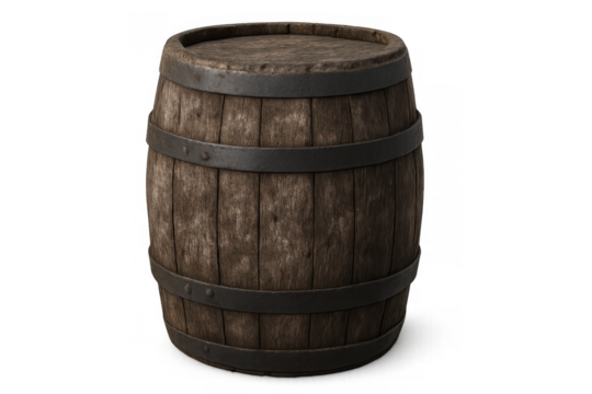Wooden barrel, old cask or keg, holding liquid like wine or beer, historical storage container, blank background