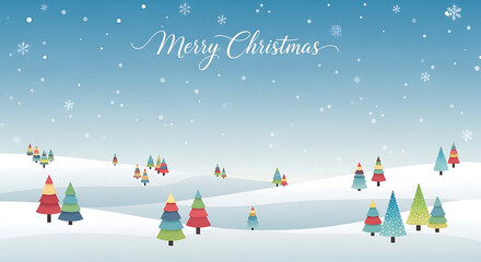 Colorful cartoon Christmas trees in snowy landscape with falling snowflakes winter holiday