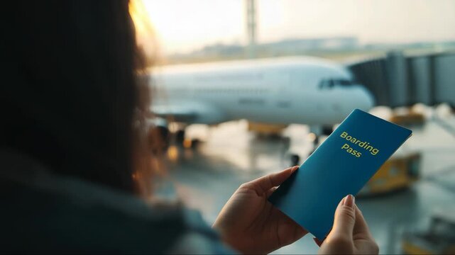Traveler holds a boarding pass while waiting at airport terminal with airplane in background during golden hour