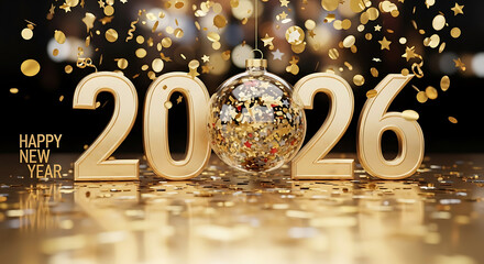 Golden 2026 numbers and confetti with hanging ornament and text year happy