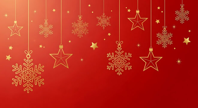 Golden stars and snowflakes hanging on red background for Christmas holiday winter