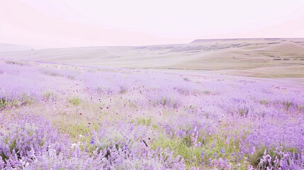 Naklejka premium Lavender Field with Purple Flowers and Rolling Hills Under Bright Sky