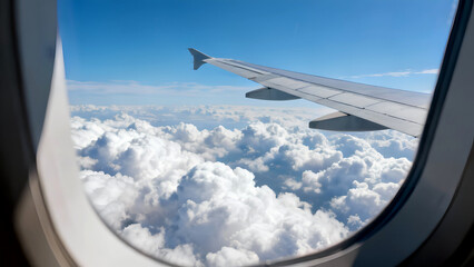 Obraz premium Airplane Wing in Flight Above the Clouds Captured from the Window