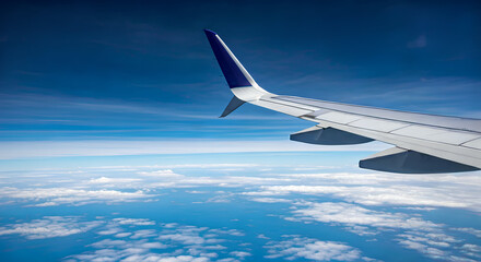 Obraz premium Window View of an Airplane Wing Soaring Above the Clouds and Blue Sky