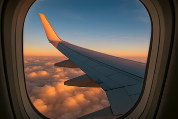 Obraz premium Airplane Wing Over Clouds Flight Journey Seen Through Window