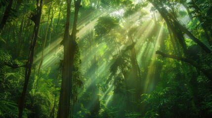 Fototapeta premium Lush Green Jungle Forest Sunlight Filtering Through Trees in Natural Landscape
