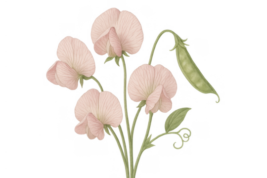 Sweet pea plant showing pale pink blooms and an immature pea pod, hand-painted watercolor botanical illustration with transparent background