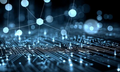 Abstract digital circuit board with glowing blue lines and bokeh lights representing data flow and technological advancement in a dark futuristic environment - Powered by Adobe