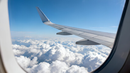 Fototapeta premium Beautiful Window View of an Airplane Wing Above the Clouds