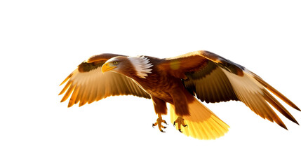 A golden eagle with sunlit wings, isolated on a white background.
