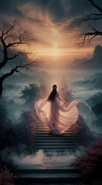 Ethereal ascent a woman in flowing dress gracefully climbs stairway to celestial horizon