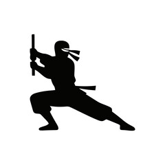 Ninja silhouette in a dynamic action pose, minimalistic vector style on a white background
