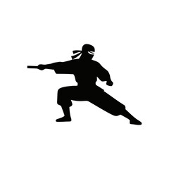 Ninja silhouette in a dynamic action pose, minimalistic vector style on a white background