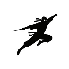 Ninja silhouette in a dynamic action pose, minimalistic vector style on a white background