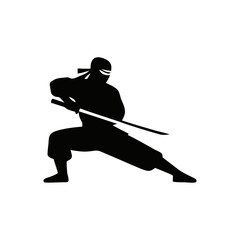 Fototapeta premium Ninja silhouette in a dynamic action pose, minimalistic vector style on a white background